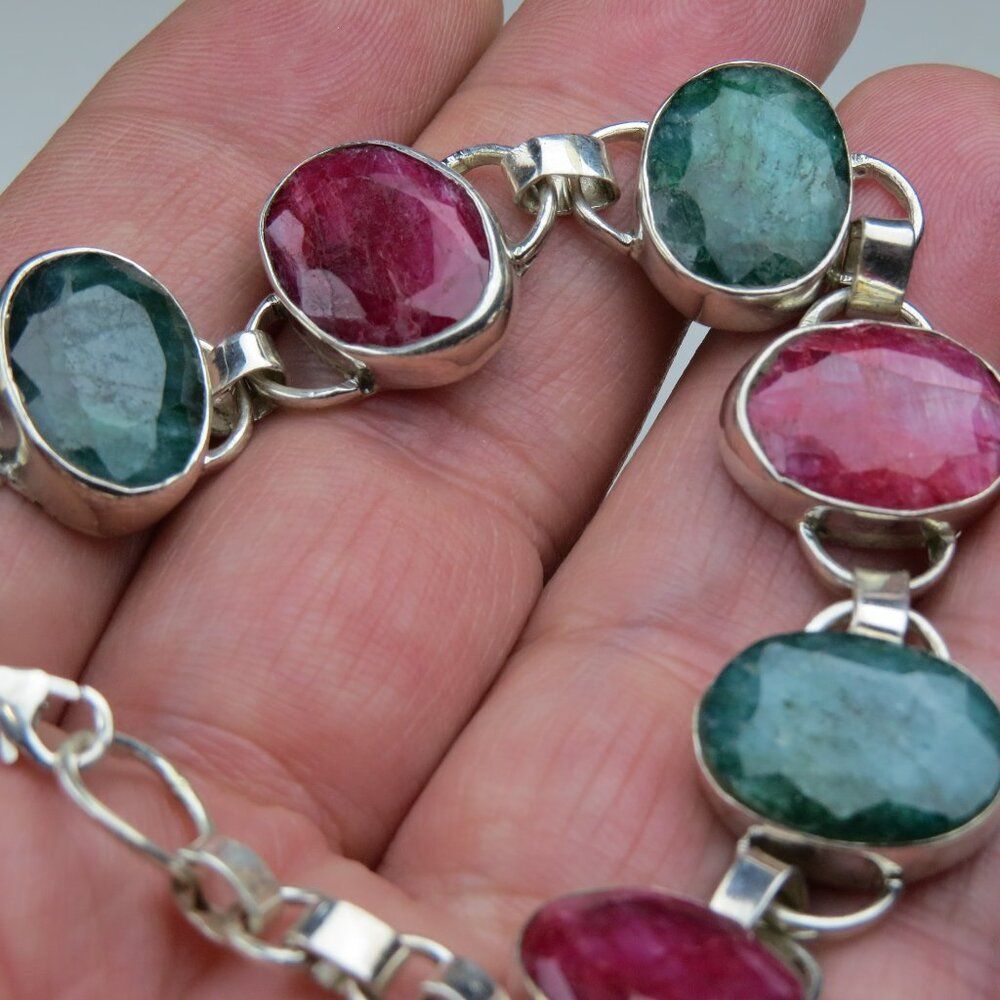 $2300 32CT. Sterling Silver  Massive Emerald & Ruby Gemstone Bracelet